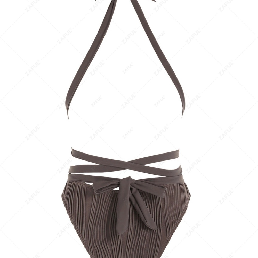NWNT ZAFUL Deep Coffee one piece swimsuit/ V Neck Ribbed Cross back Small - Picture 4 of 5